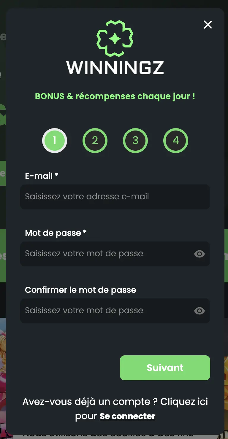 Inscription sur Winningz Casino